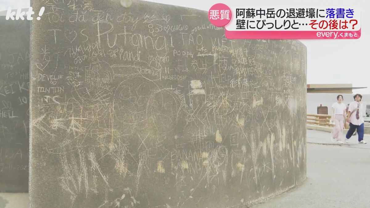 ｢落としにくい｣阿蘇中岳火口周辺の退避壕の落書き ボランティアらが除去作業