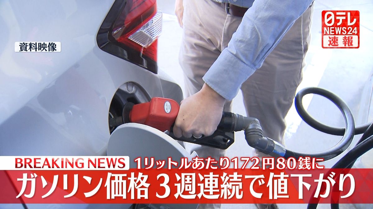 レギュラーガソリン平均価格 1リットルあたり172円80銭 3週連続で値下がり