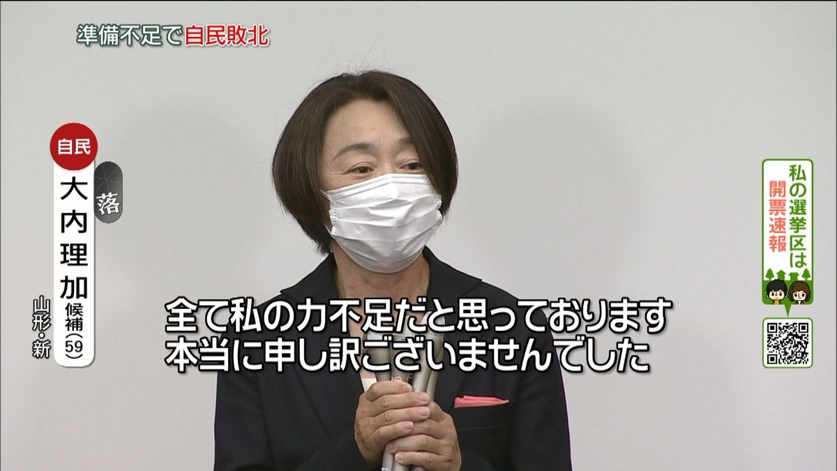 自民・大内理加氏が落選確実　山形　元山形県議、自民は当初、国民・舟山氏を支援する方向で検討も、急きょ大内氏を擁立