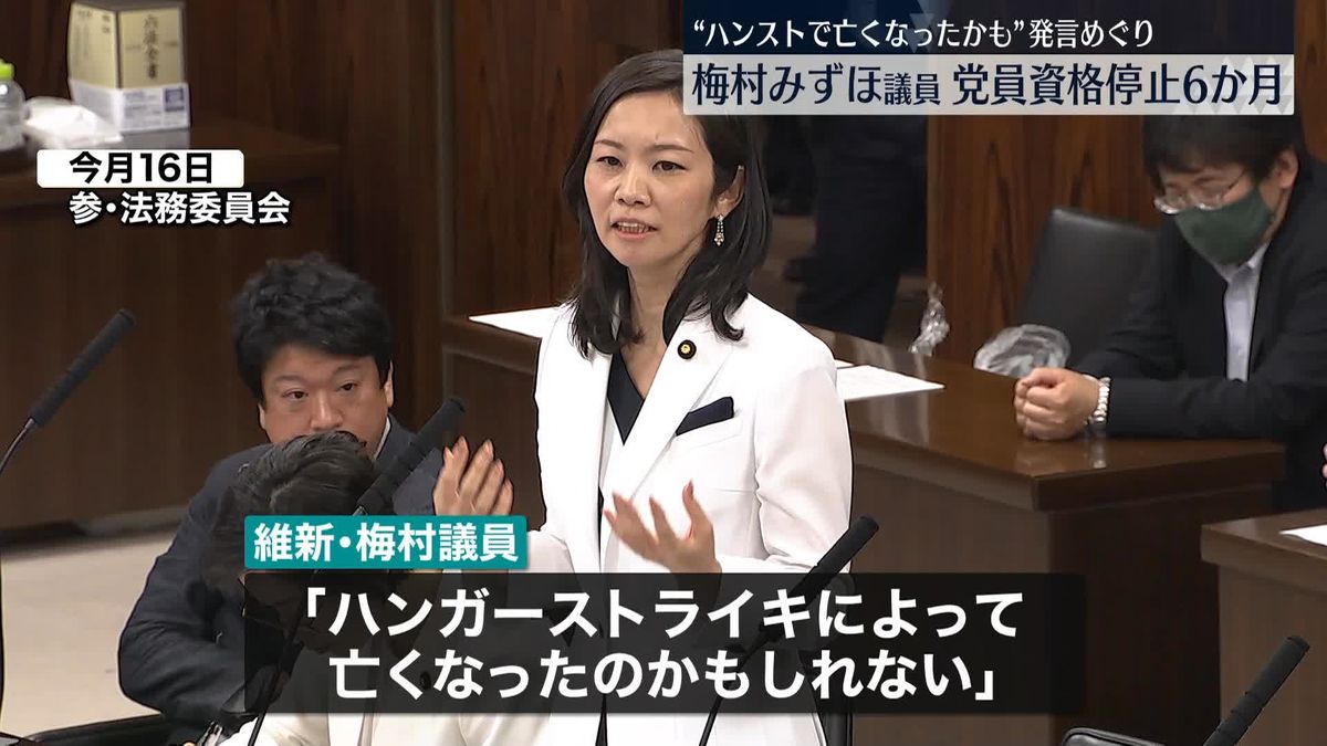 日本維新の会　梅村みずほ議員を6か月の党員資格停止処分　“ハンストで亡くなったかも”発言めぐり