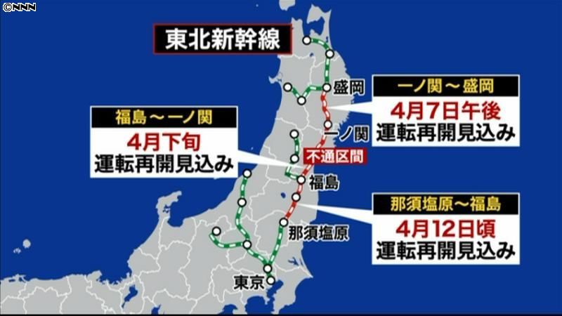 東北新幹線、那須塩原～福島１２日頃再開へ