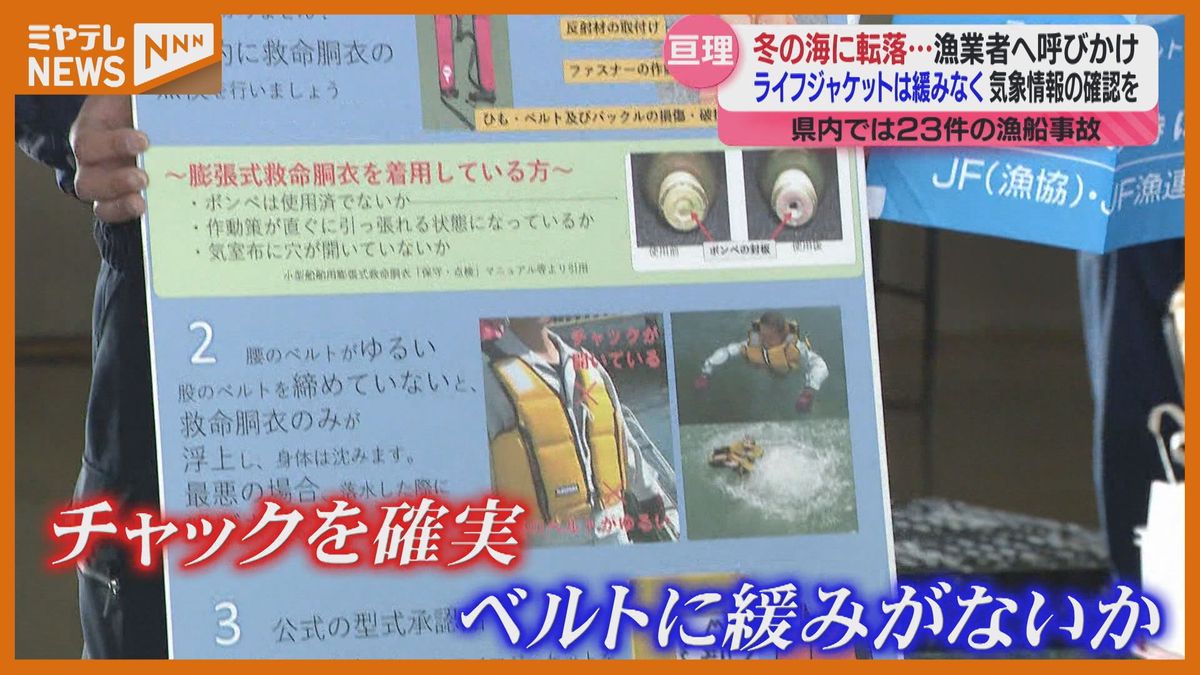 ＜ライフジャケットの正しい着用を…＞漁港で海保などが呼びかけ（宮城・亘理町）