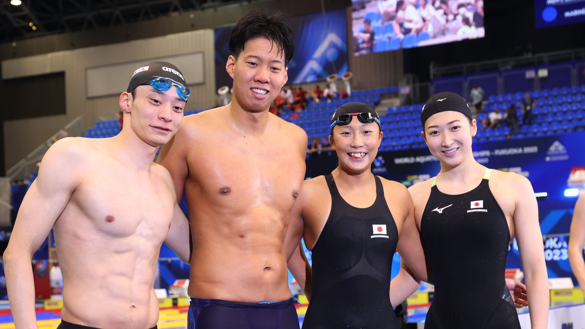 左から入江陵介選手・渡辺一平選手・相馬あい選手・池江璃花子選手（写真：YUTAKA/アフロスポーツ）