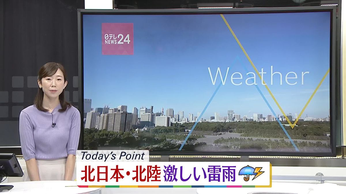 【天気】北日本・北陸では雷を伴った激しい雨　関東から九州は晴れるが山沿いを中心に雨や雷雨に