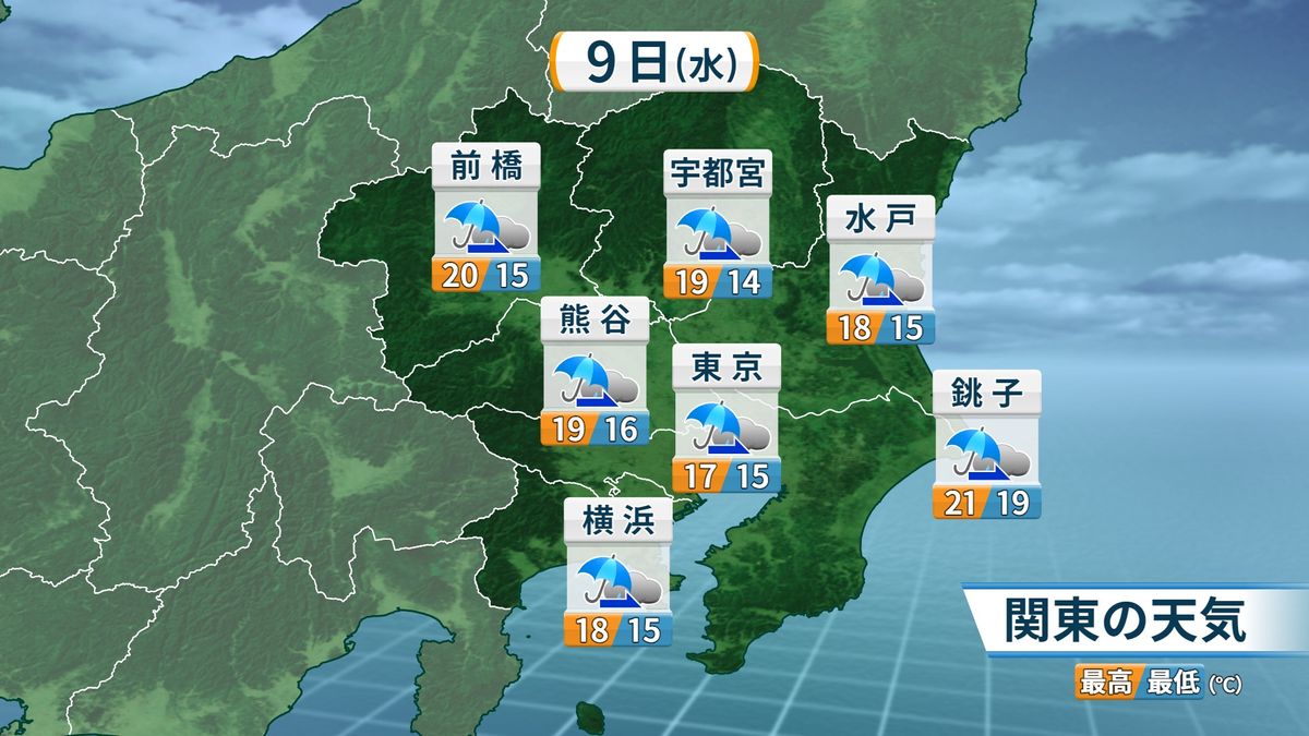 関東の9日の天気と気温(気象庁 午前11時発表)