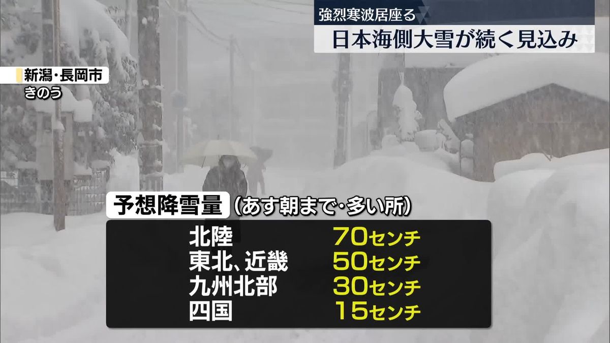 日本海側の大雪、あすにかけても続く見込み　交通障害などに十分注意を