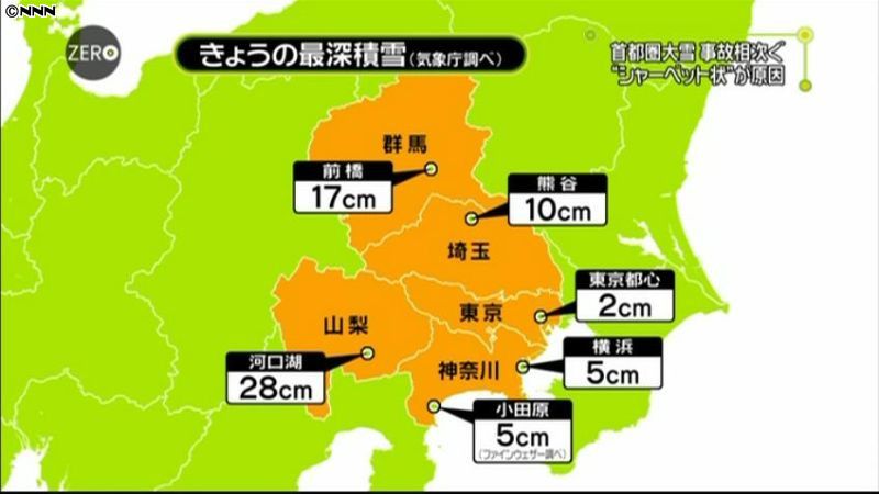 関東地方で積雪　山梨・河口湖は２８センチ