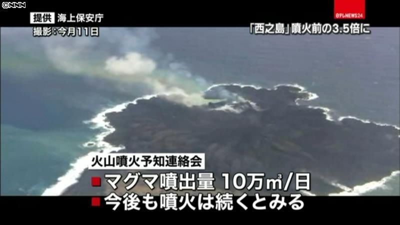 噴火前の約３．５倍に拡大　小笠原・西之島