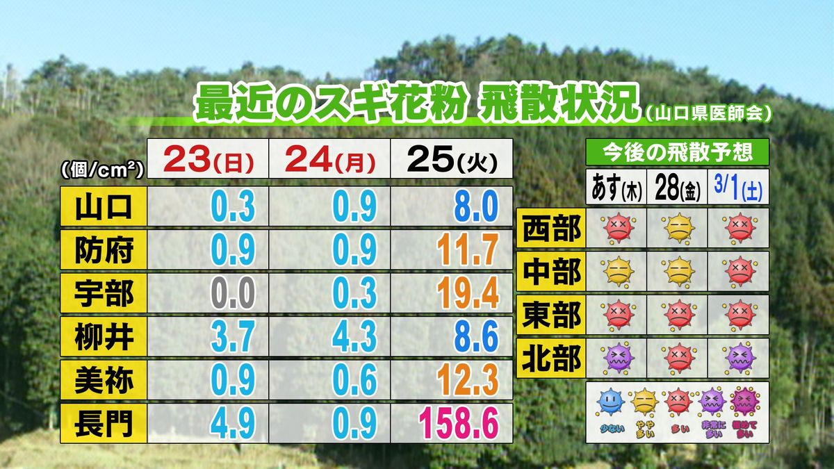 【山口天気 夕刊2/26】春めくとともに花粉飛散量が増加中…週末にかけて一段と気温上昇へ　しかし来週は寒の戻りも