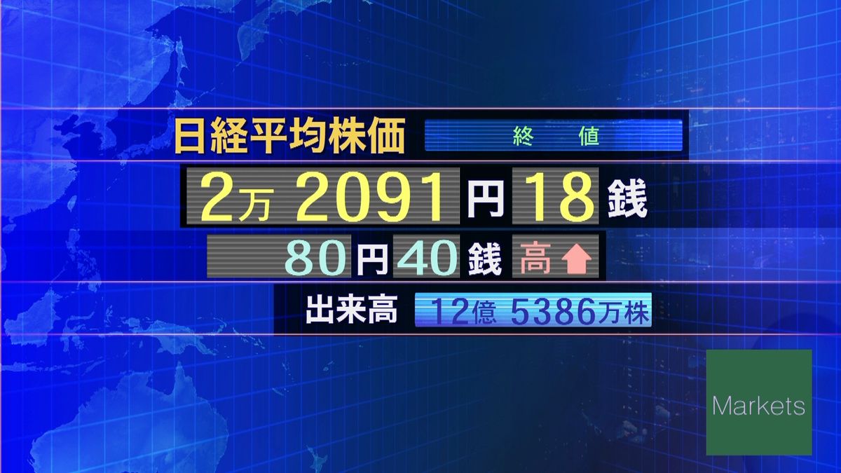 日経平均８０円高　終値２万２０９１円