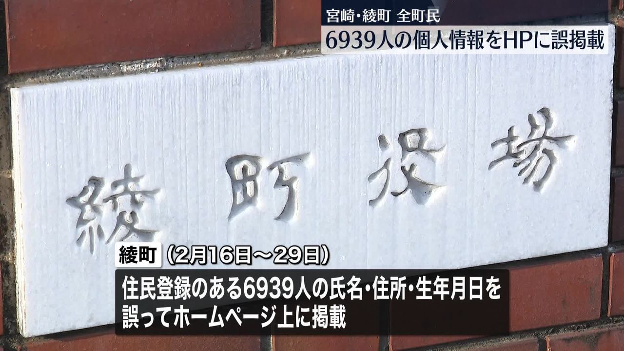 全町民6939人の個人情報をHPに誤掲載　宮崎・綾町