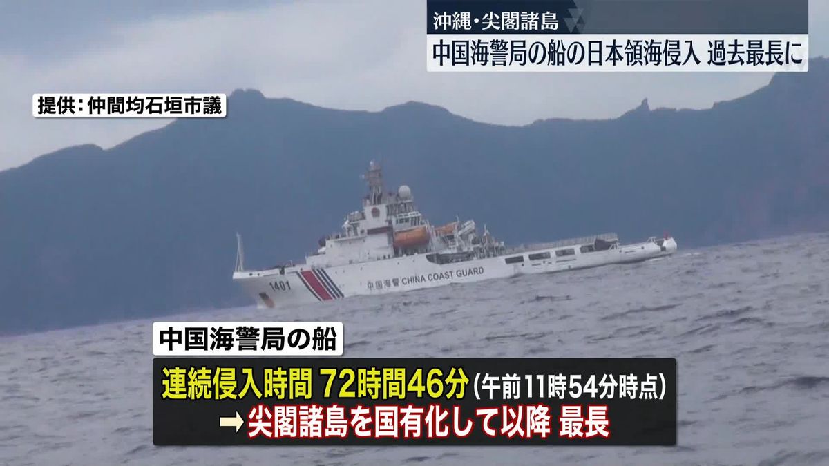 尖閣諸島周辺の日本領海に中国海警局の船　連続侵入時間が過去最長に
