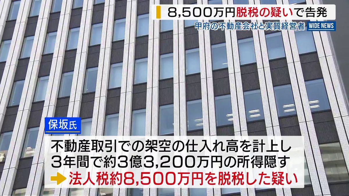 東京国税局が約３億３２００万円の所得を隠し、法人税約８５００万円脱税した疑いで甲府市の不動産会社と実質的経営者を刑事告発 山梨県