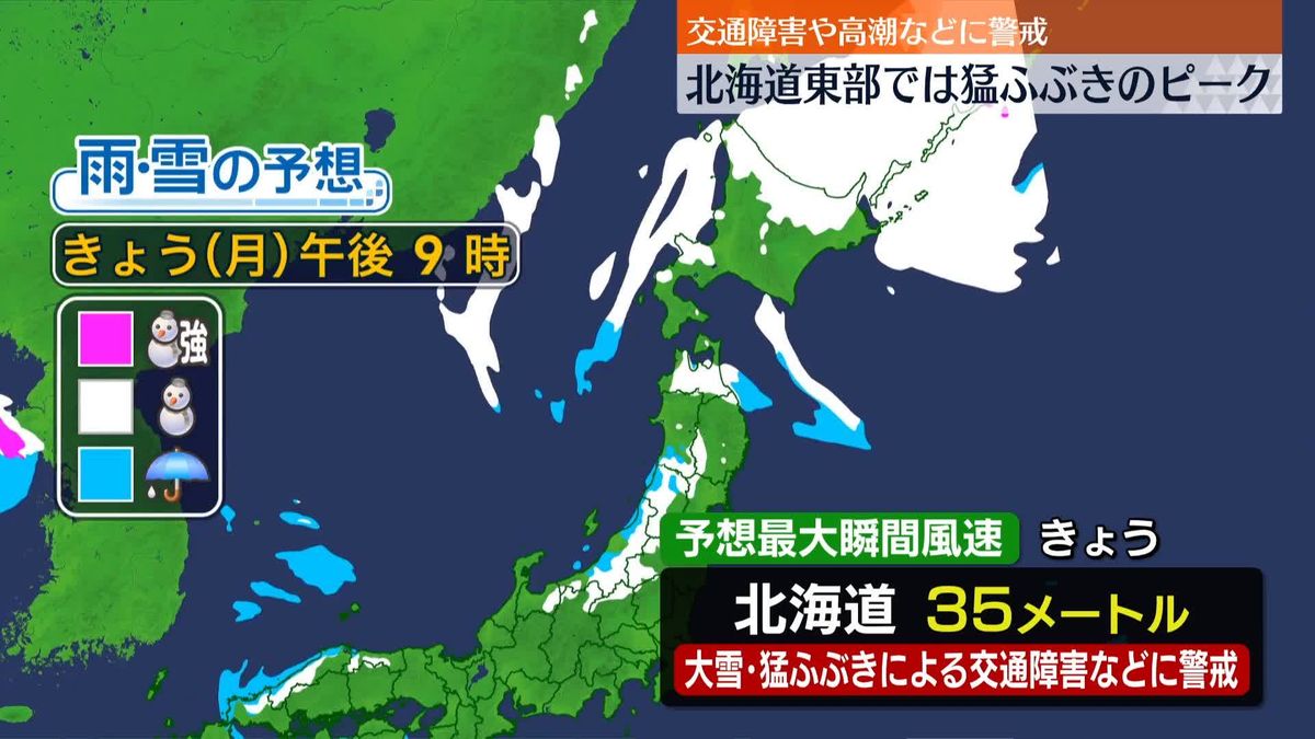 北海道東部中心に大荒れの天気　夕方にかけ猛ふぶき・高潮など警戒