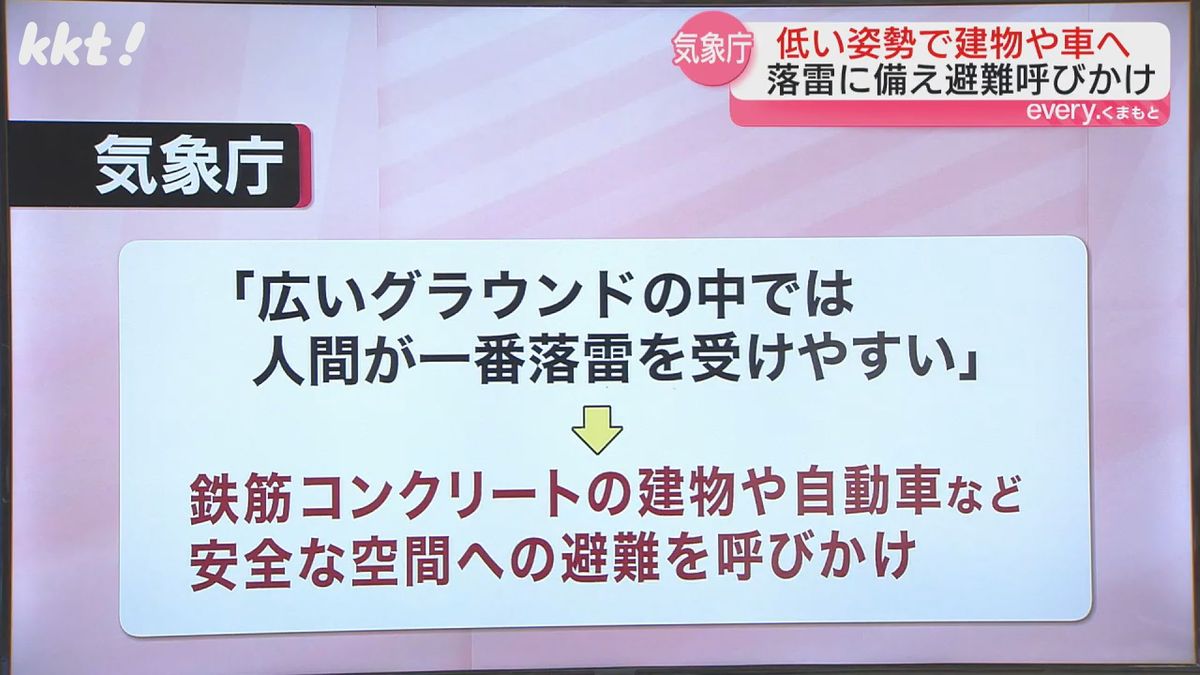 気象庁はグラウンドでは低い姿勢でできるだけ早く安全な空間への避難を呼びかけ