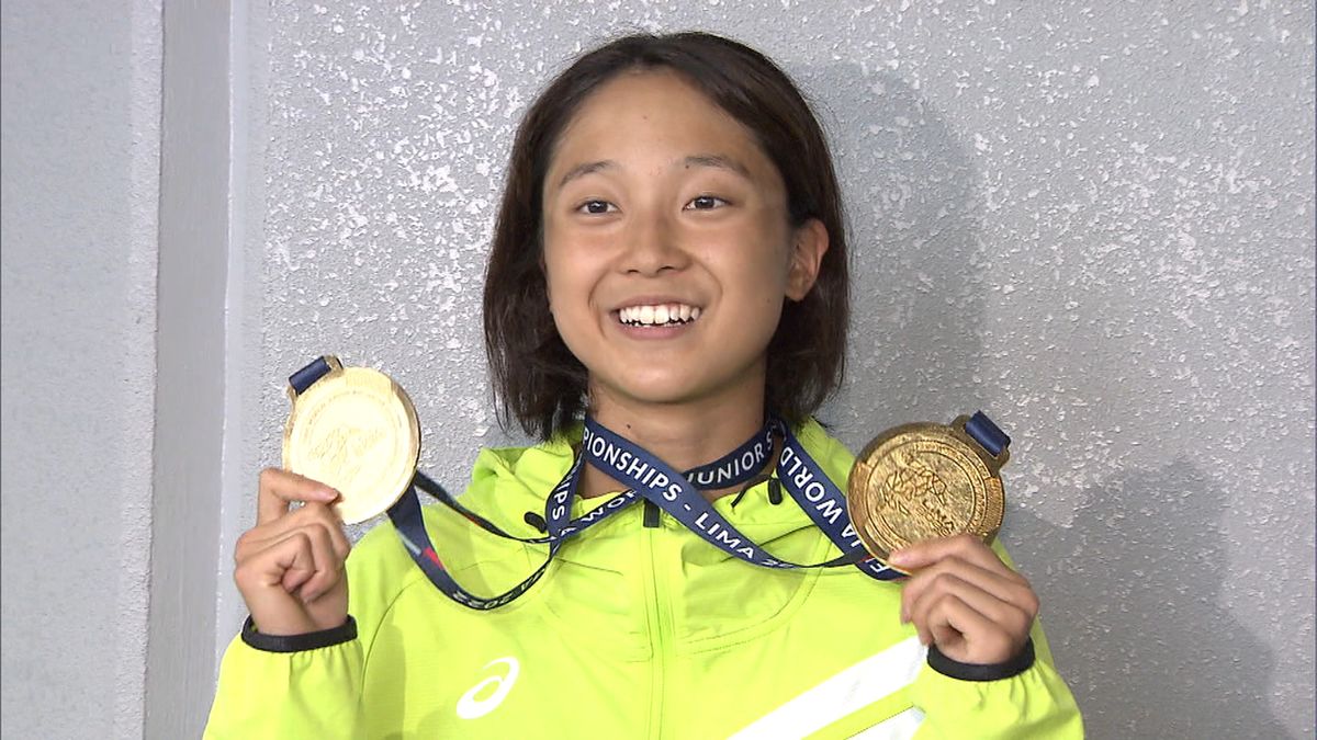 世界ジュニア水泳選手権で3種目で金メダルを獲得した成田実生選手