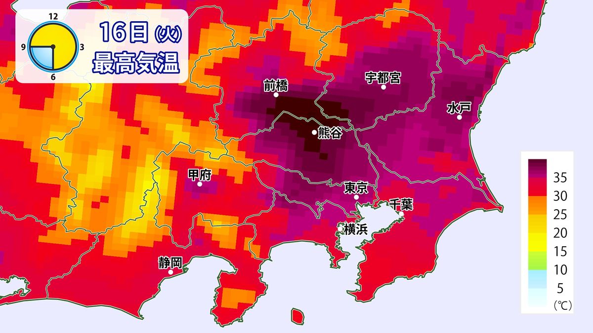 16日（火）の最高気温の分布