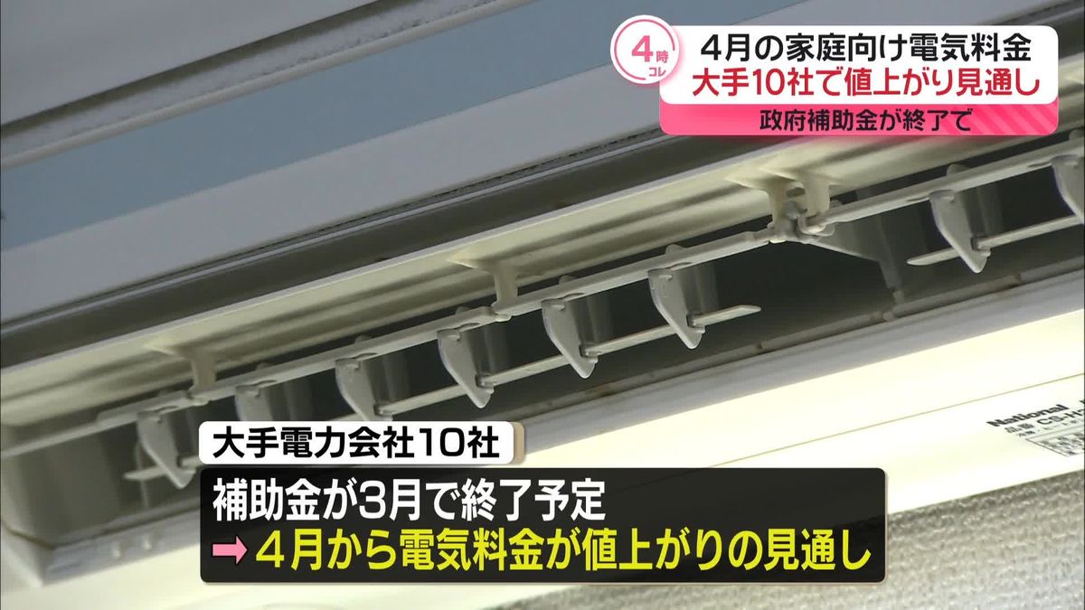 家庭向け電気料金　大手電力10社全てで値上がり見通し　4月使用分から