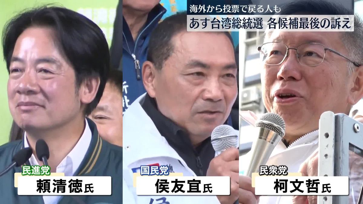 あす台湾総統選挙　各候補が最後の訴え　海外から投票で戻る人も