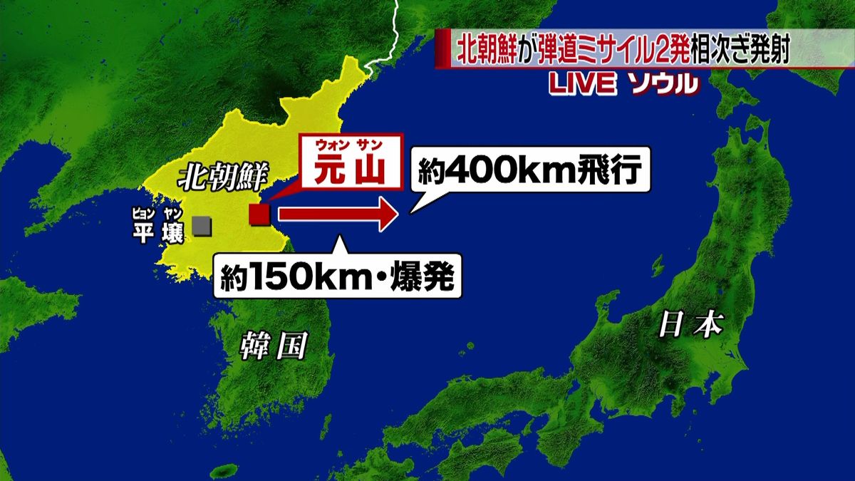 北朝鮮ミサイル　２発目は４００キロ飛ぶ