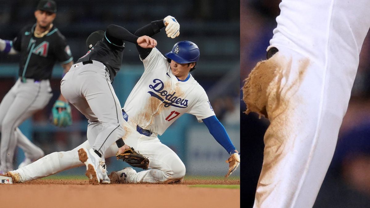 2度の盗塁で膝部分がボロボロになった大谷翔平選手のユニホーム(写真左：AP/アフロ、写真右：AFP＝時事)