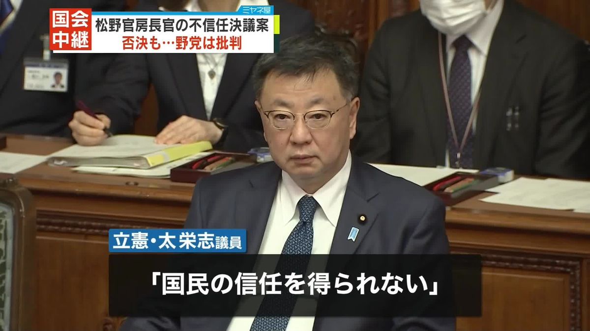 松野官房長官の「不信任決議案」与党など反対多数で否決　野党側は批判