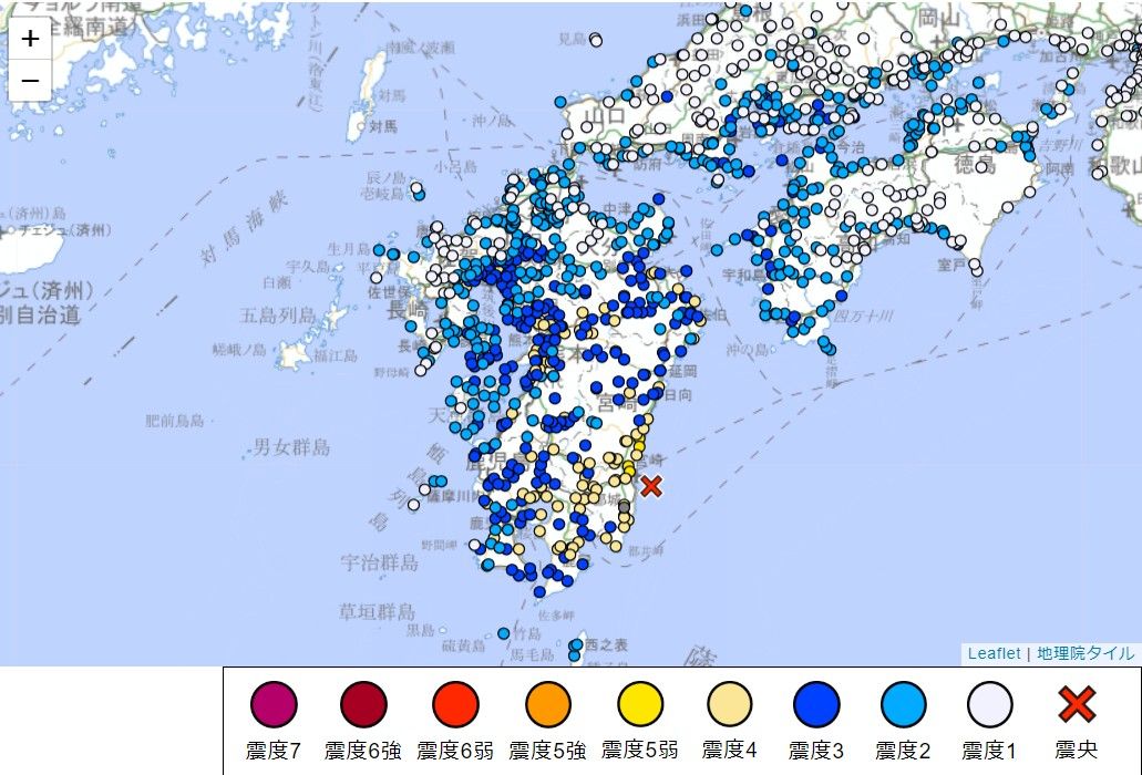 【速報】中四国・九州地方で震度5弱の地震　各地の震度　震源地は日向灘　震源の深さは30キロ　マグニチュードは6.9と推定