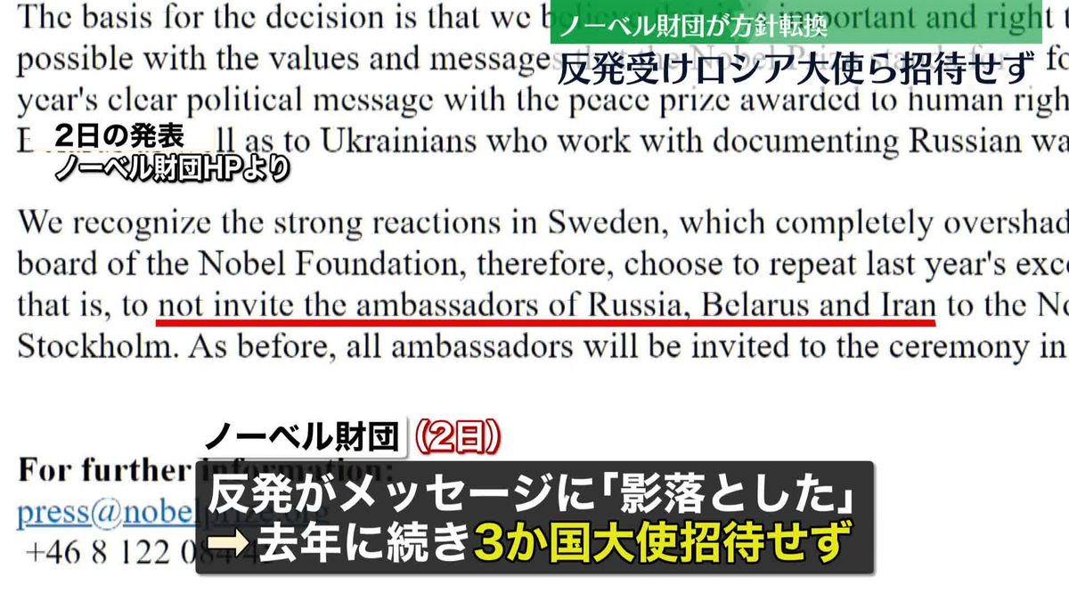 ノーベル賞授賞式にロシア大使ら招待せず　反発を受け方針転換