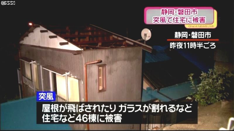 静岡・磐田で突風　４６棟に被害、１人軽傷