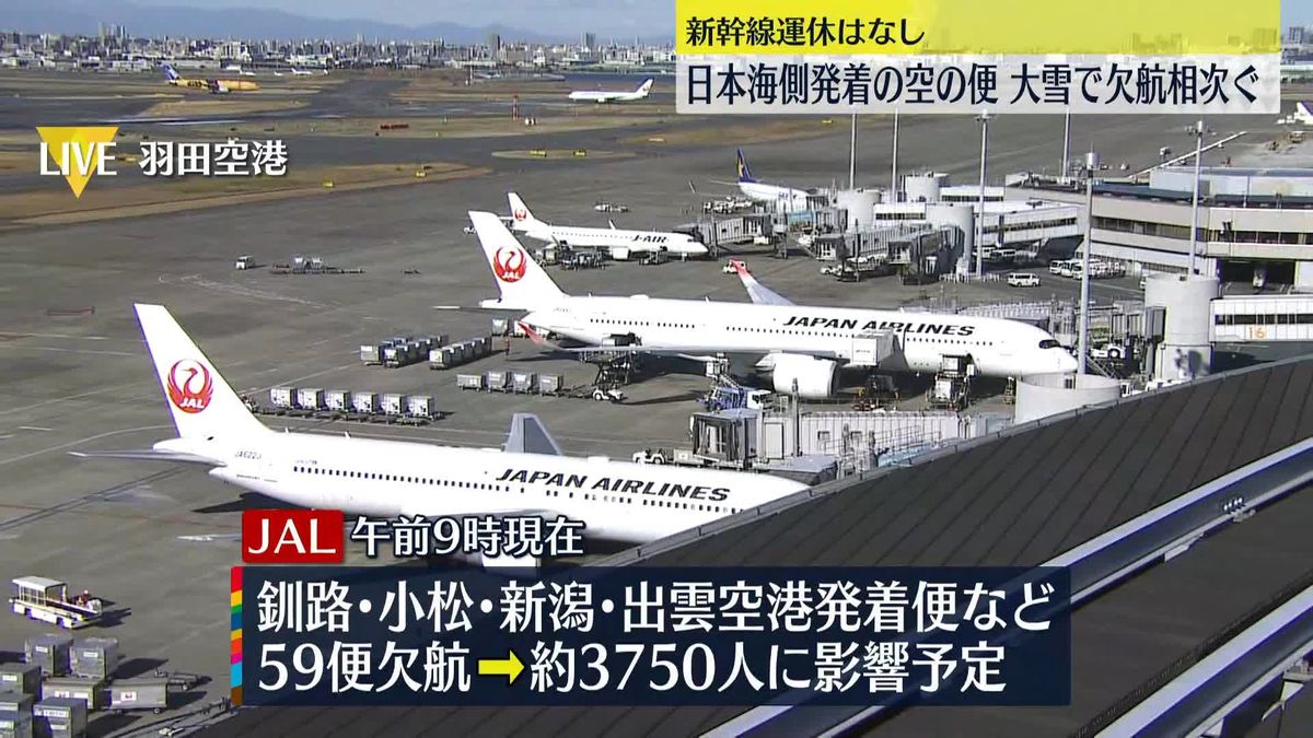 大雪影響で空の便の欠航相次ぐ　JAL59便、ANA41便（午前9時現在）