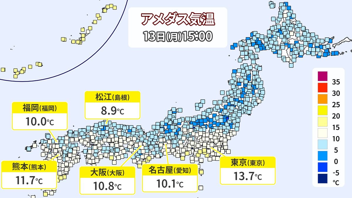 西日本では前日と比べ気温大幅ダウン　日中は北風吹いて冬のような寒さに