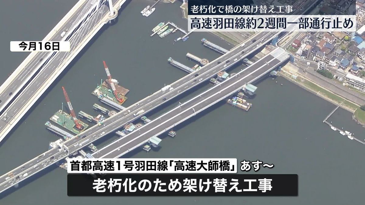 あすから高速1号羽田線で一部通行止め、橋の架け替え工事のため　通常の5倍以上の時間要する区間も