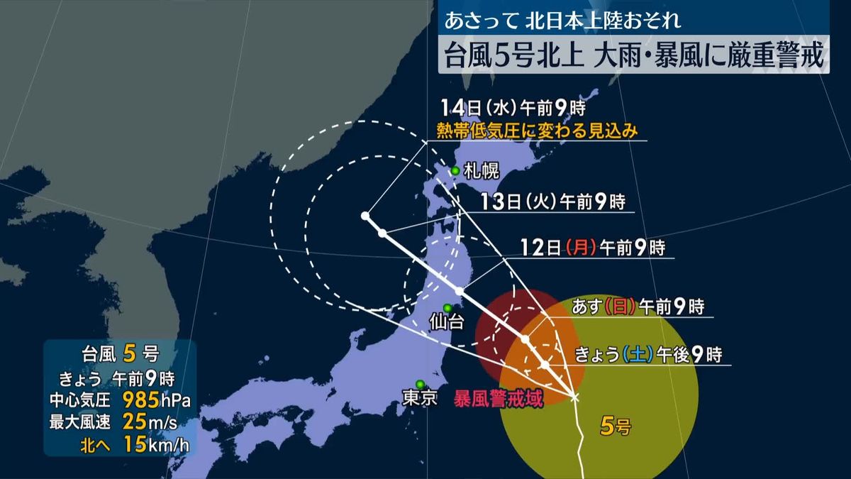 台風5号　あさって北日本に接近・上陸のおそれ　大雨や暴風に厳重な警戒を