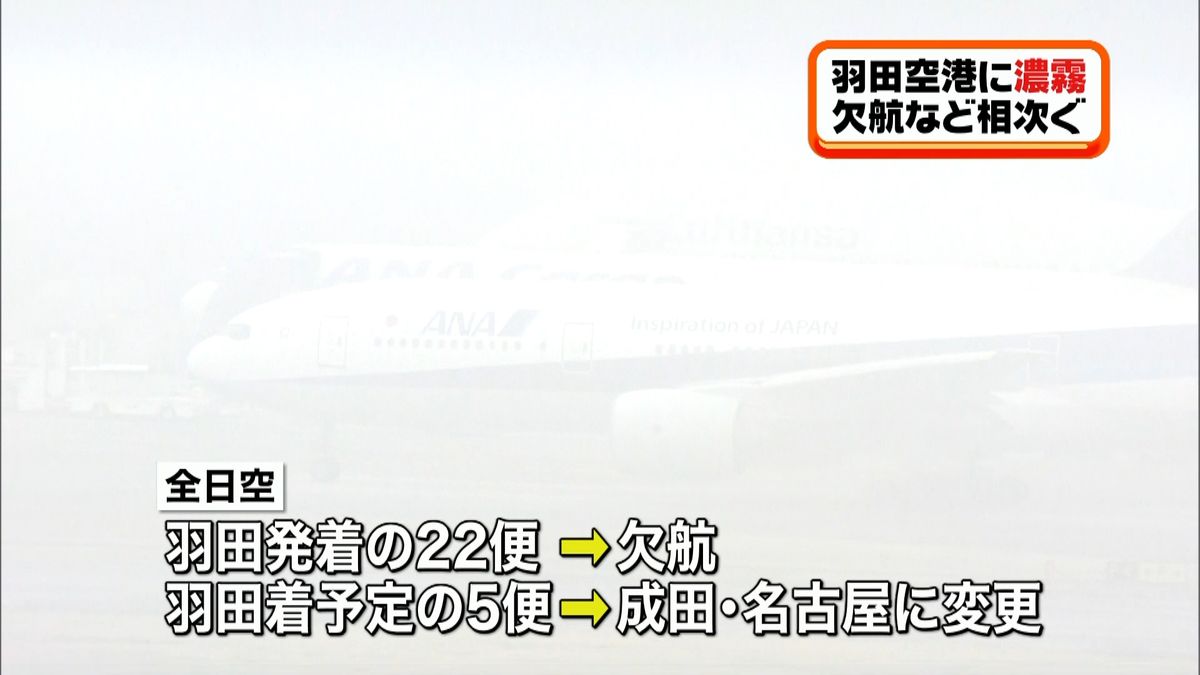 濃霧影響　羽田空港発着便、欠航など相次ぐ