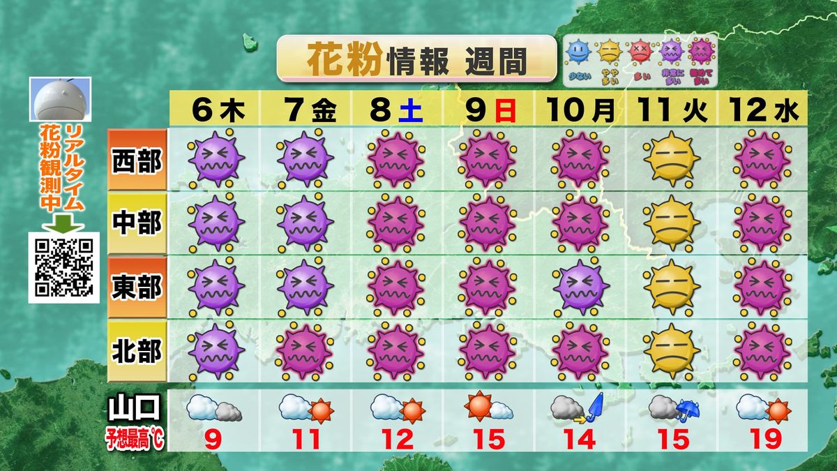 【山口天気 夕刊3/5】あす6日(木)は冬型気圧配置…北風冷たく曇りがちの天気続く　それでもスギ花粉は大量飛散期へ