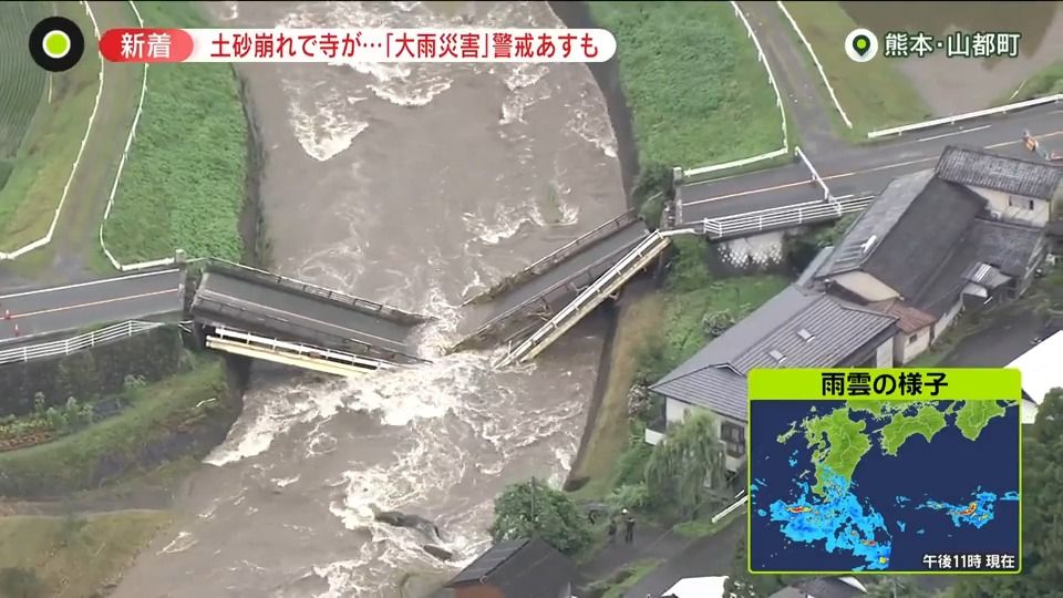 橋が真っ二つ…熊本　1日に2度の“線状降水帯”　「地震」耐えた寺も土砂崩れで…4日も要警戒