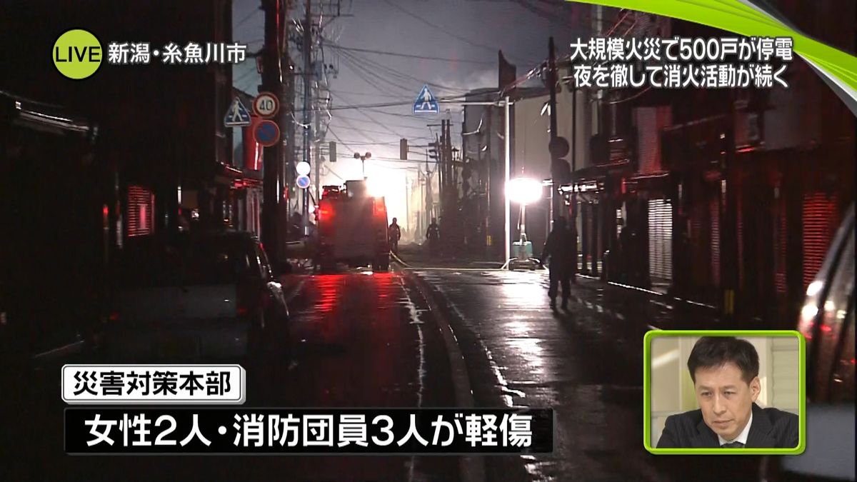 糸魚川火災、夜を徹して消火活動　５人ケガ