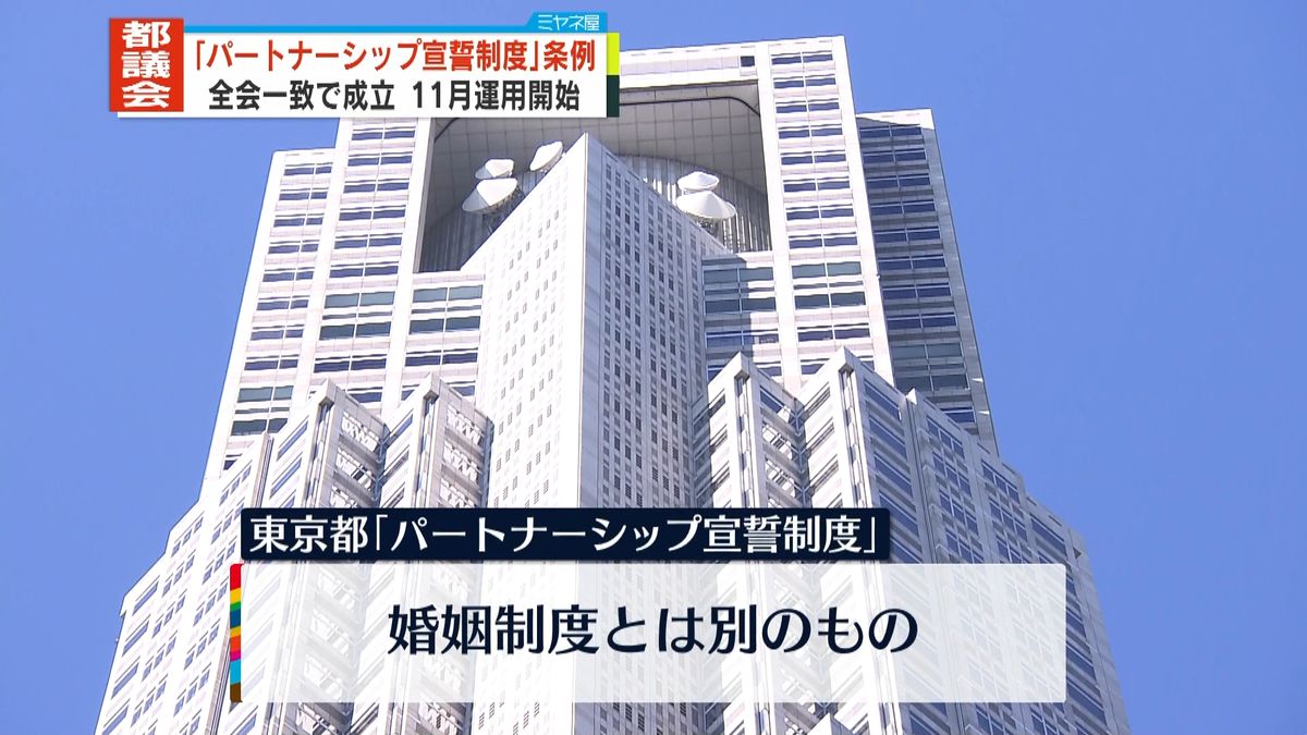 都議会　同性カップルなど公的に認める「パートナーシップ宣誓制度」成立