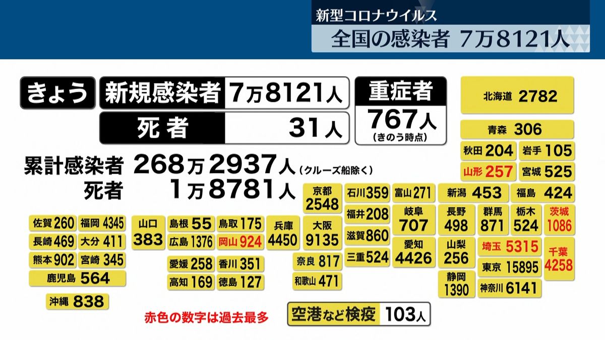 全国感染者7万8121人　死者31人