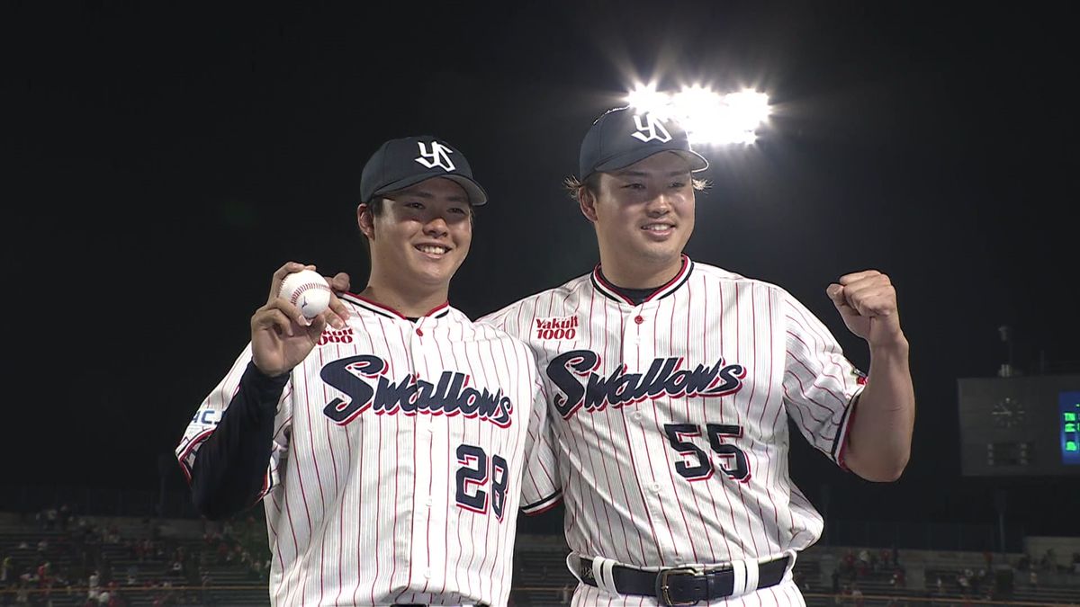 プロ初登板初完封の松本健吾投手（左）、最年少200本塁打達成の村上宗隆選手（右）
