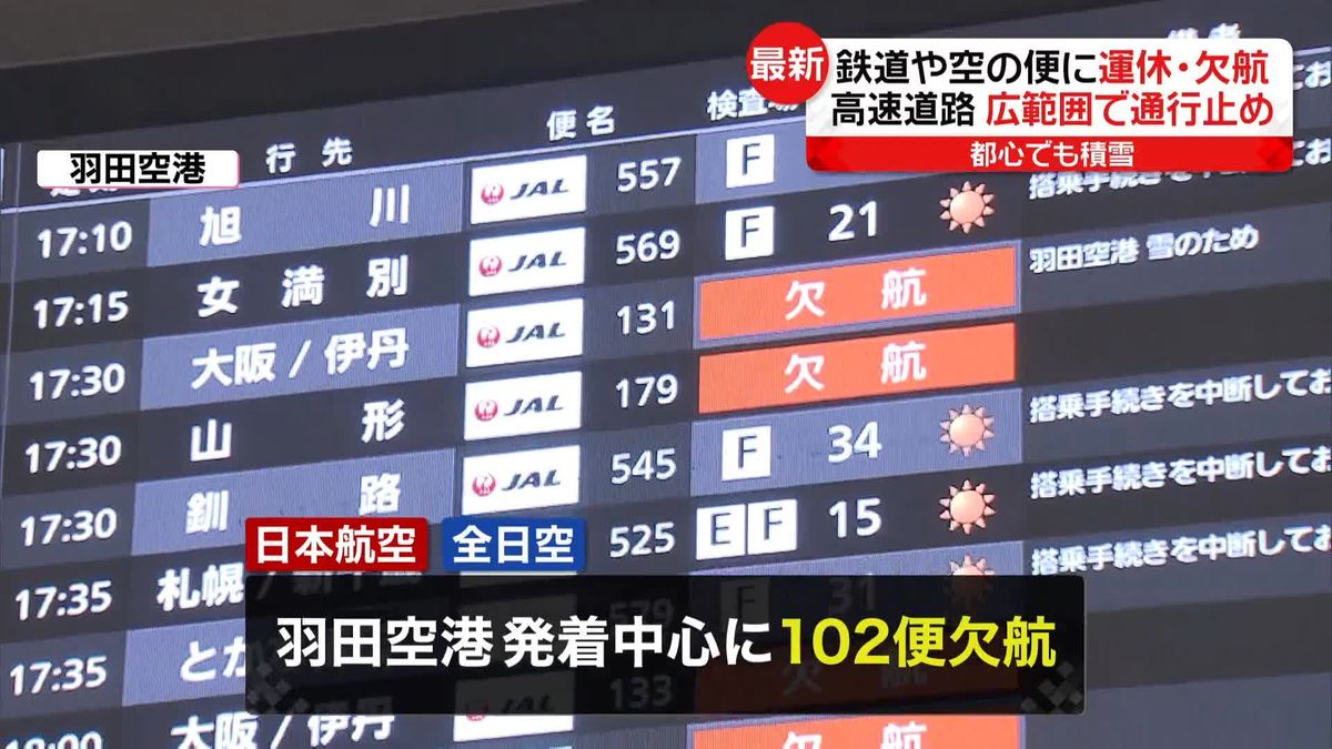 【大雪予報】JALやANA、羽田発着便中心に102便の欠航決定　高速道路や鉄道にも影響