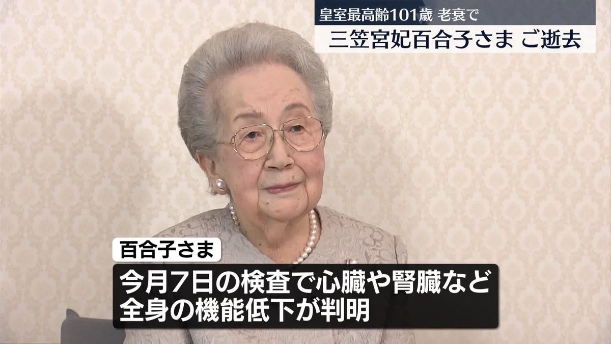 三笠宮妃百合子さまご逝去　老衰のため　皇室最高齢101歳