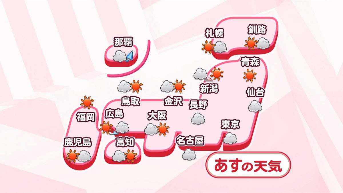 【あすの天気】東海～東北南部は雲が広がりやすく、にわか雨の所も　沖縄は激しい雨の所が