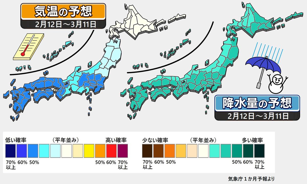 【1か月予報】寒気の影響で寒い日が多い　日本海側は降雪量多め