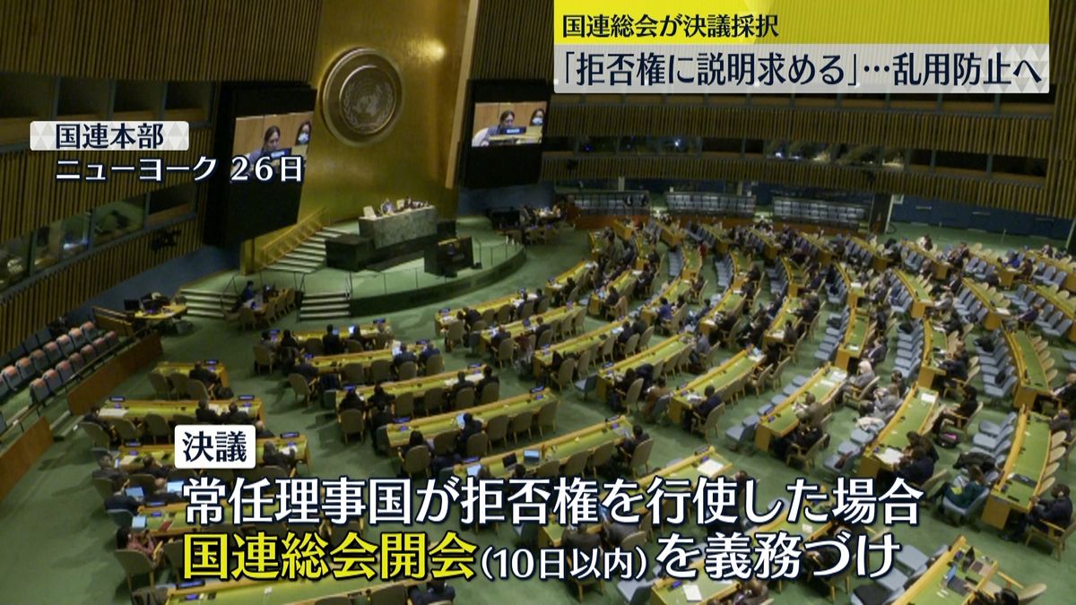 ｢拒否権に説明求める｣国連総会が決議採択