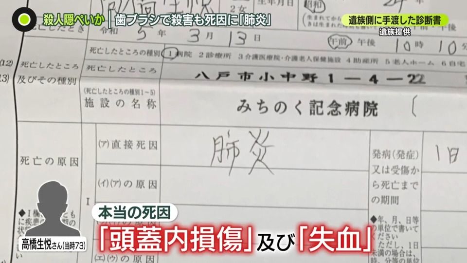 殺人隠ぺいの疑いで元院長ら逮捕　歯ブラシで殺害も死因欄には「肺炎」と…認知症疑いで入院中の医師に診断書を書かせたか