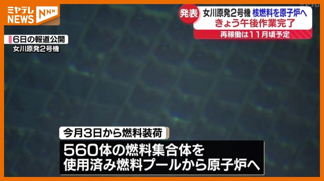 ＜女川原発2号機＞原子炉に核燃料入れる作業が完了　再稼働予定は11月頃