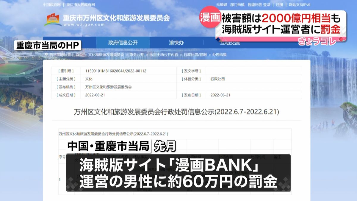 海賊版サイト「漫画BANK」中国当局が罰金命じる