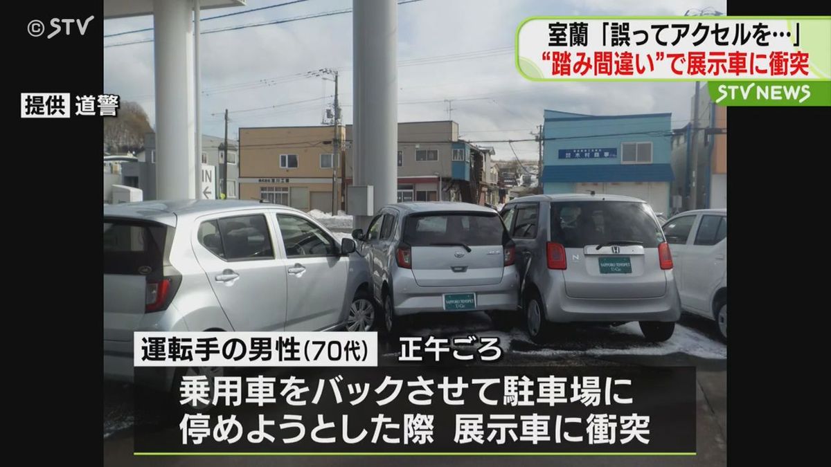 「誤ってアクセルを・・・」　高齢男性が運転する車が衝突　北海道室蘭市の自動車販売店駐車場