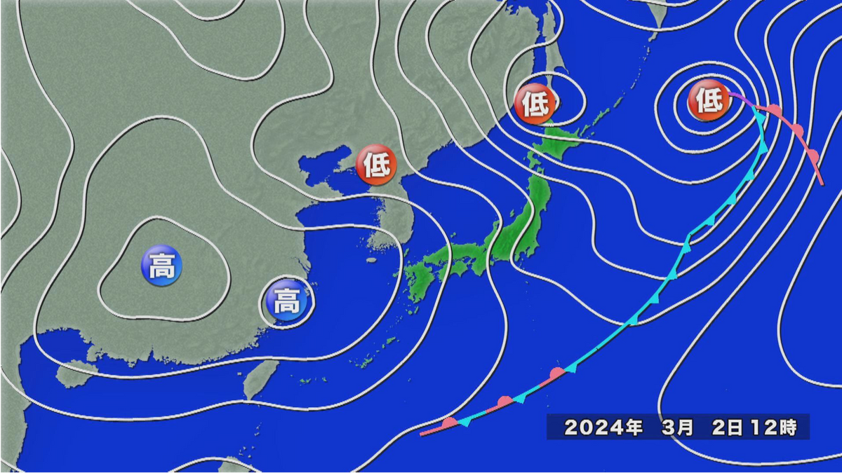 大山で雪崩が発生した3月2日の天気図